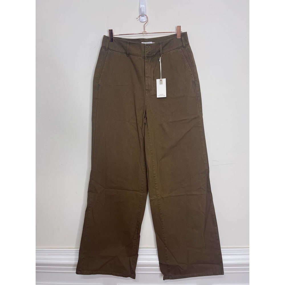 Good American Olive Green Wide-Leg Cargo Trousers 6/28 Zip Fly Pockets High Rise